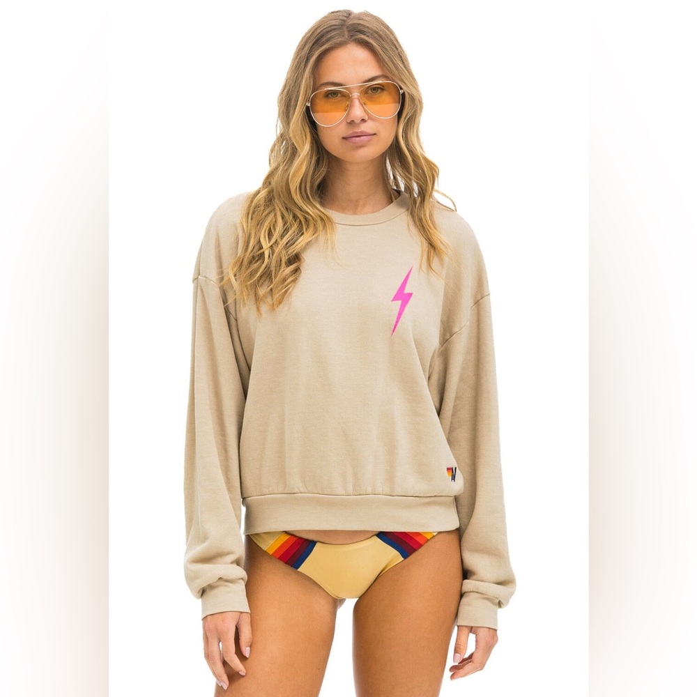 EUC Aviator Nation Bolt 2 Relaxed Crewneck Sweatshirt in Sand & Neon Pink Sz L
